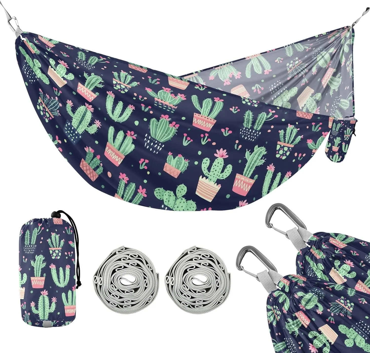 susiyo Portable Camping Hammock Cactus Pattern Printed Lightweight Hammock Comfortable Travel Swing with Tree Straps for Camping Hiking Backpacking Travel or Beach - Up to 330lbs