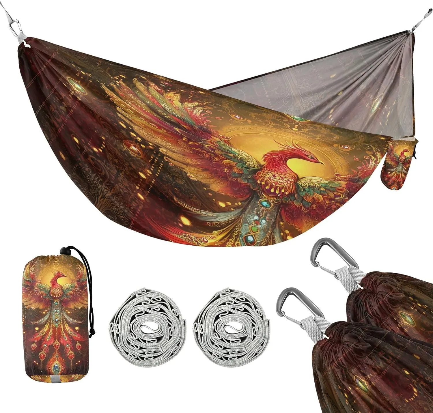 susiyo Portable Camping Hammock Elegant Phoenix Printed Lightweight Hammock Comfortable Travel Swing with Tree Straps for Camping Hiking Backpacking Travel or Beach - Up to 330lbs