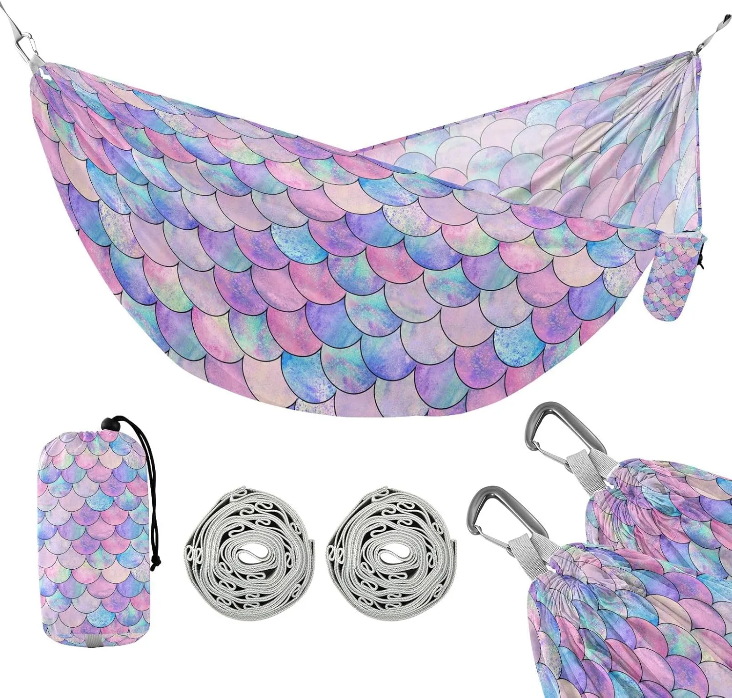 susiyo Portable Camping Hammock Mermaid Fish Scale Printed Lightweight Hammock Comfortable Travel Swing with Tree Straps for Camping Hiking Backpacking Travel or Beach - Up to 330lbs