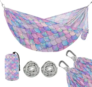 susiyo Portable Camping Hammock Mermaid Fish Scale Printed Lightweight Hammock Comfortable Travel Swing with Tree Straps for Camping Hiking Backpacking Travel or Beach - Up to 330lbs