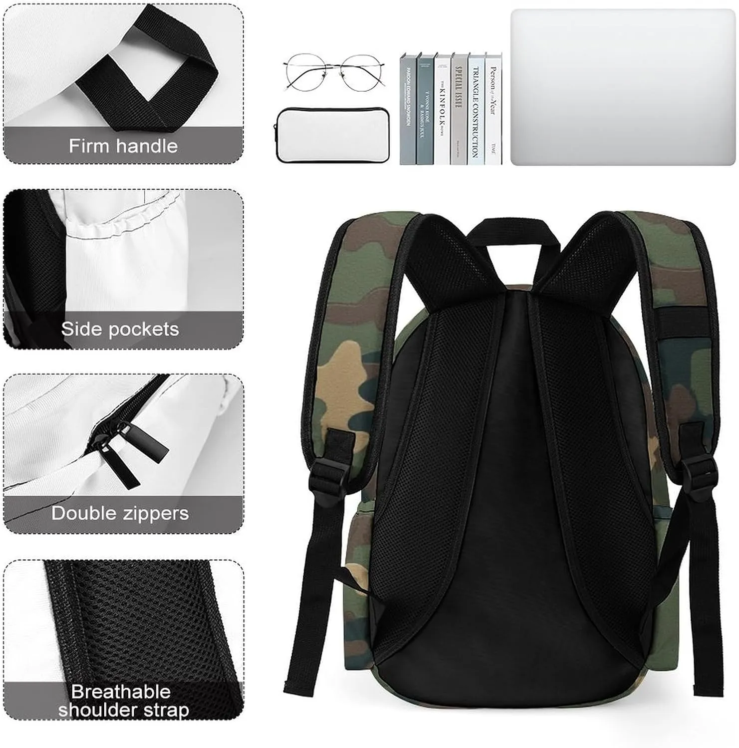 SWEET TANG Lightweight Backpack College Travel Daypack Compatible with Green Camouflage Army Camo for Men Women, Anti Theft Laptop Backpack Large Capacity for Picnic Hiking
