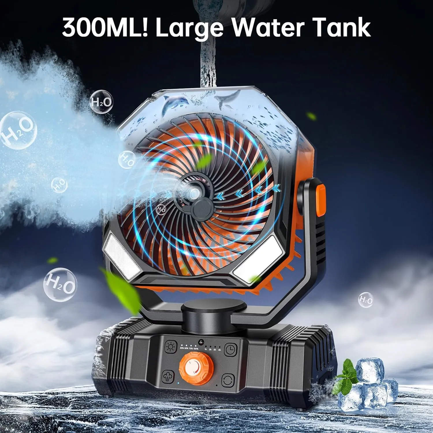 SWEETFULL Portable Misting Fan Rechargeable, 20000mAh Battery Powered Camping Fan with 300ml Water Tank & LED Lanter, Remote Auto Oscillating Table Fan with Hook for Travel Outdoor Tent Beach (Orange)