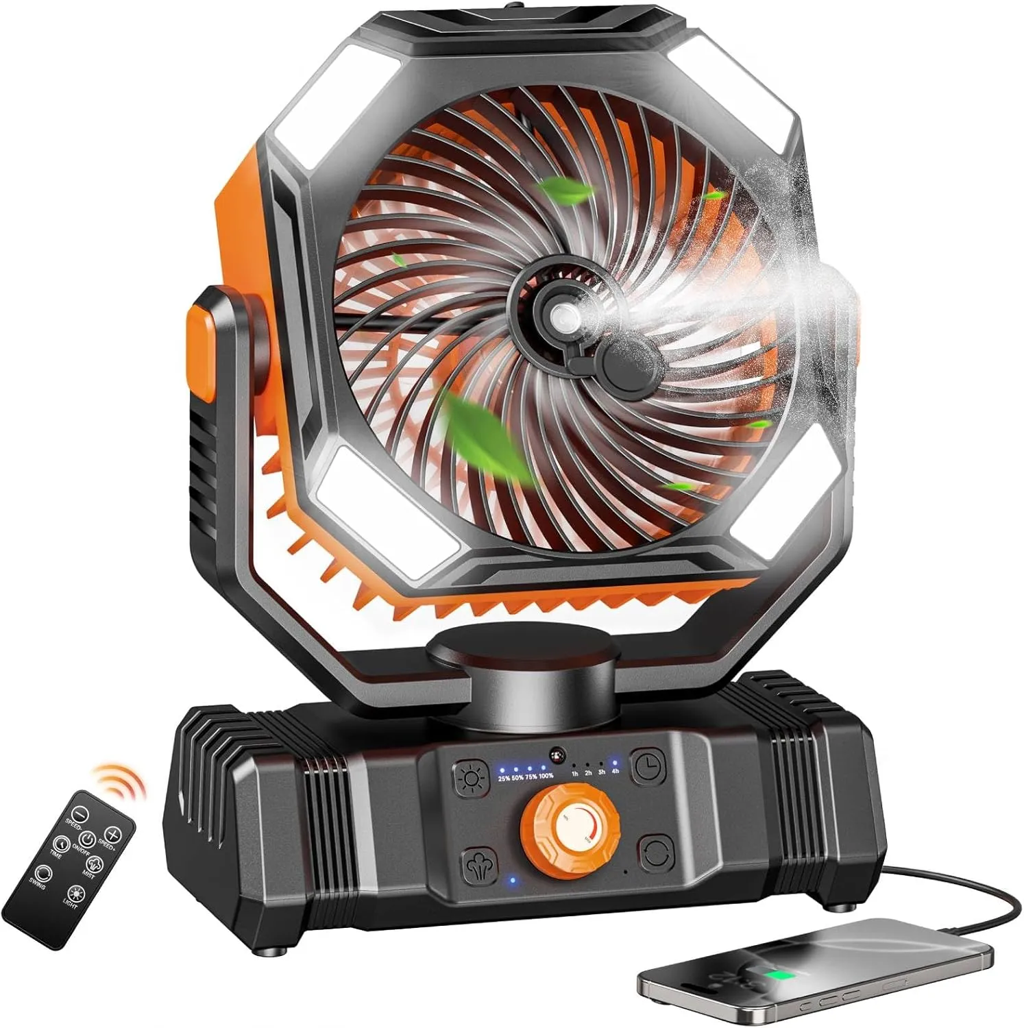 SWEETFULL Portable Misting Fan Rechargeable, 20000mAh Battery Powered Camping Fan with 300ml Water Tank & LED Lanter, Remote Auto Oscillating Table Fan with Hook for Travel Outdoor Tent Beach (Orange)