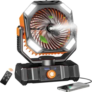 SWEETFULL Portable Misting Fan Rechargeable, 20000mAh Battery Powered Camping Fan with 300ml Water Tank & LED Lanter, Remote Auto Oscillating Table Fan with Hook for Travel Outdoor Tent Beach (Orange)