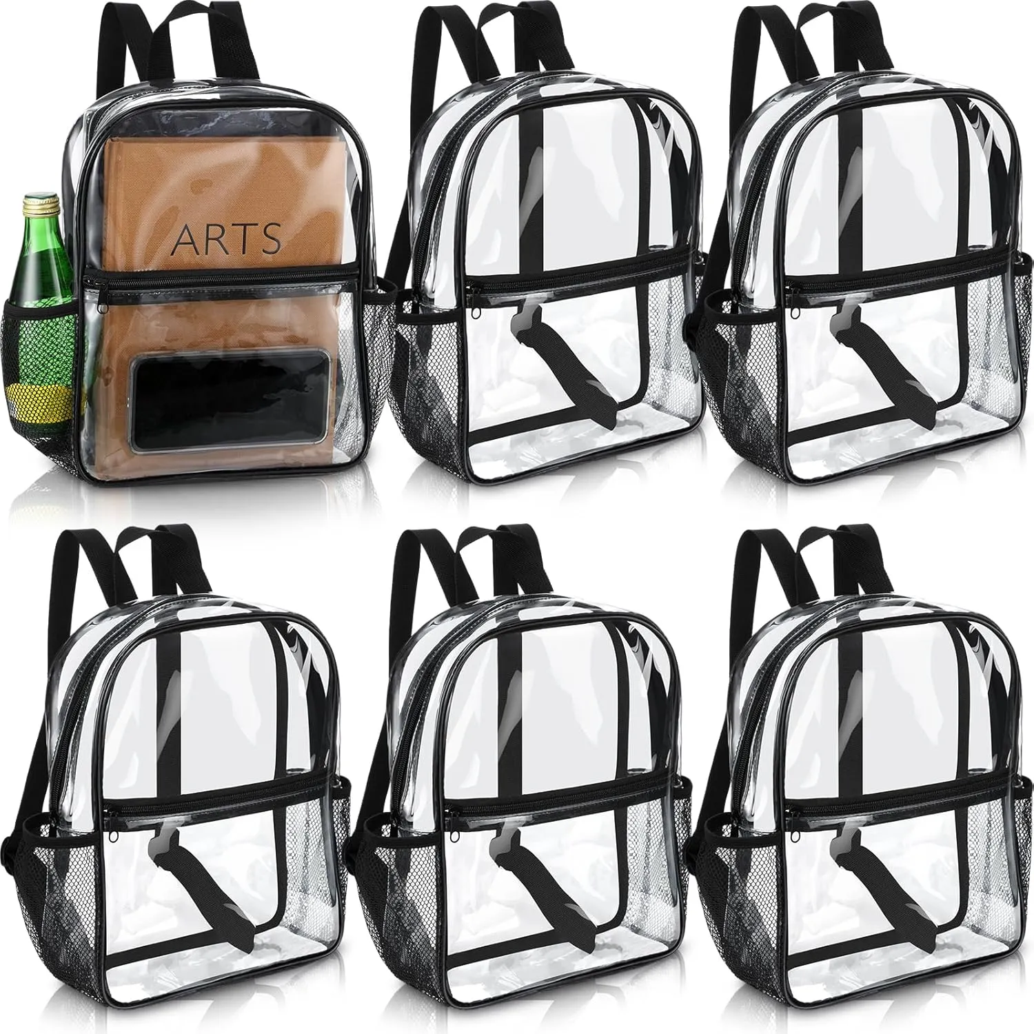 Sweetude 6 Pcs Clear Backpack 11.4 x 9.5 x 5.1 Inch Bag Stadium Approved Plastic Transparent Backpack with 2 Water Holders(Black)