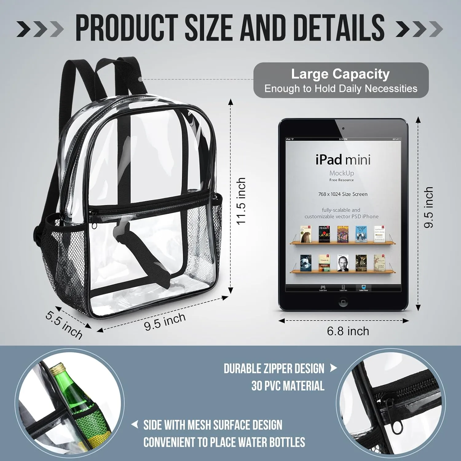 Sweetude 6 Pcs Clear Backpack 11.4 x 9.5 x 5.1 Inch Bag Stadium Approved Plastic Transparent Backpack with 2 Water Holders(Black)