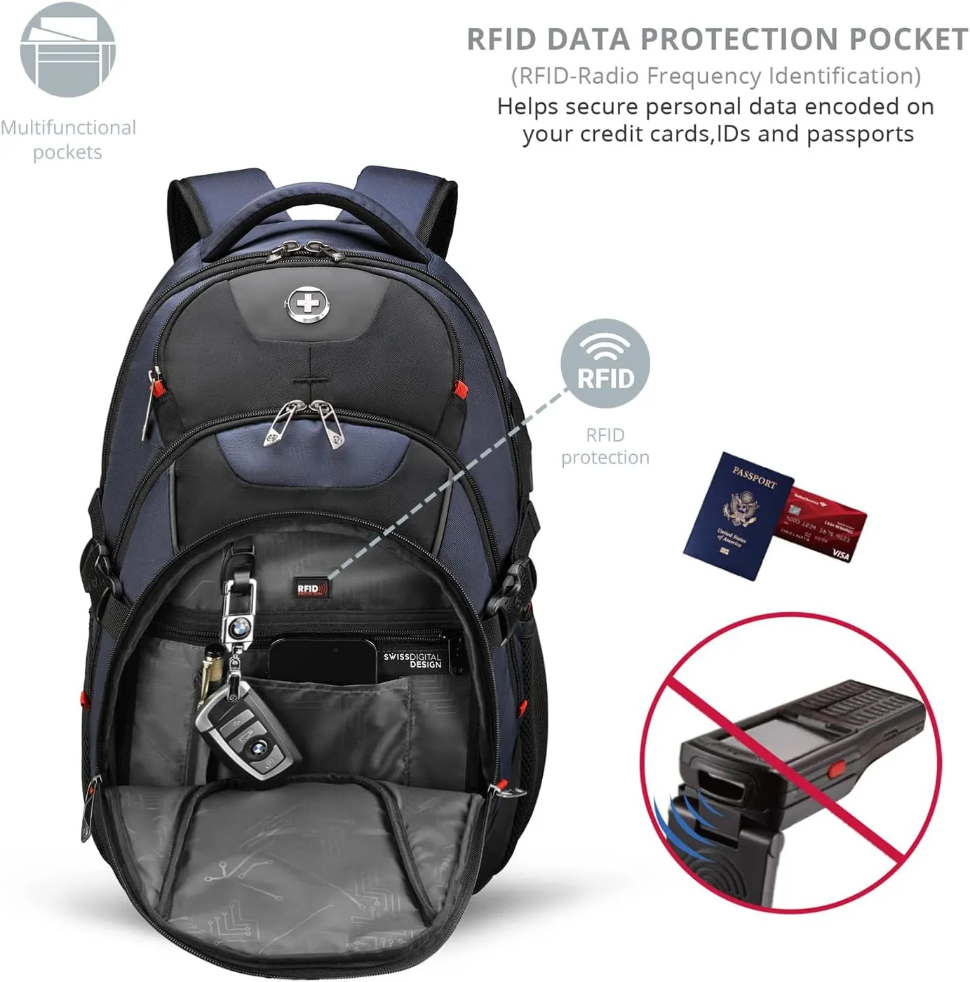 Swissdigital Travel Backpack for Men with Apple Find My, Laptop Backpack with USB Charging Port, RFID Protection, Add-A-Bag System - Extra Large Travel Backpack for Men Women