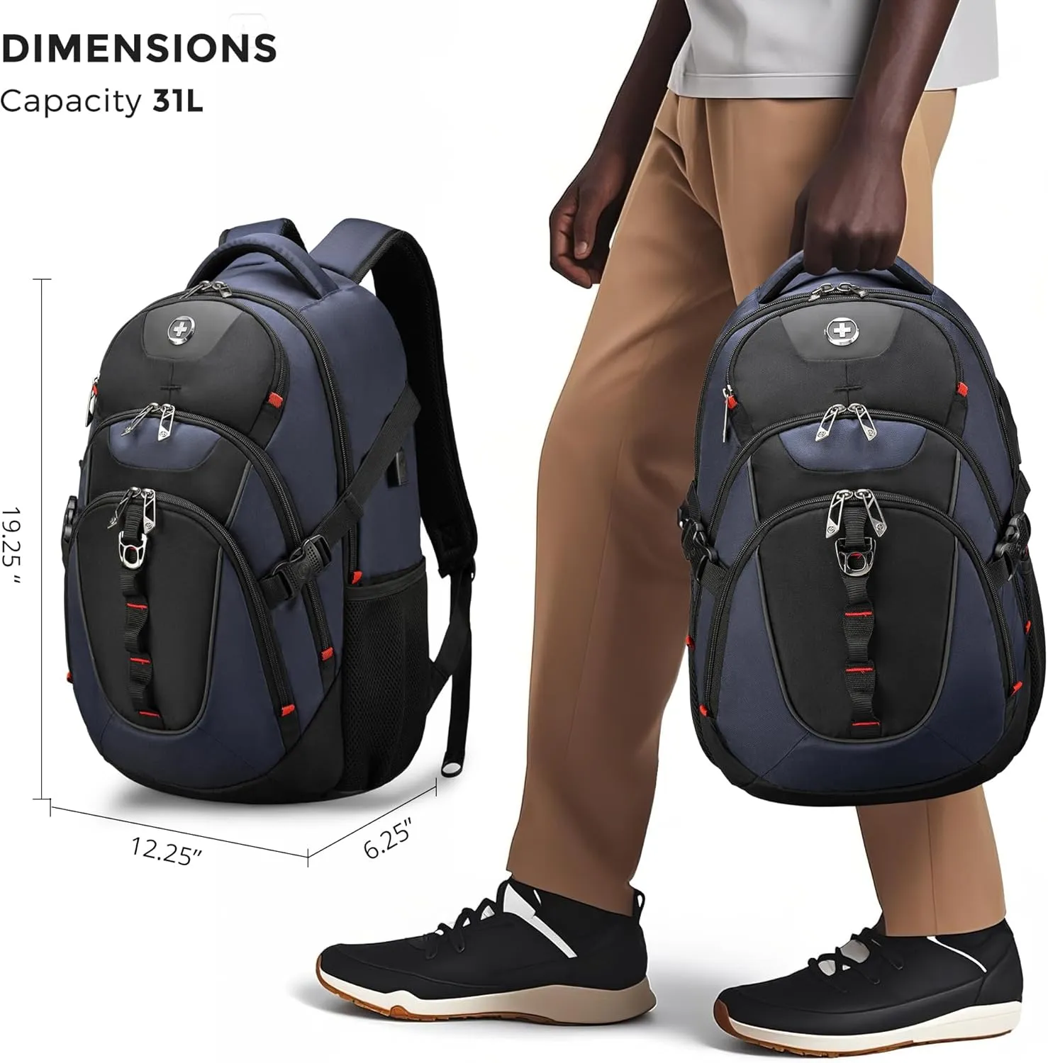 Swissdigital Travel Backpack for Men with Apple Find My, Laptop Backpack with USB Charging Port, RFID Protection, Add-A-Bag System - Extra Large Travel Backpack for Men Women