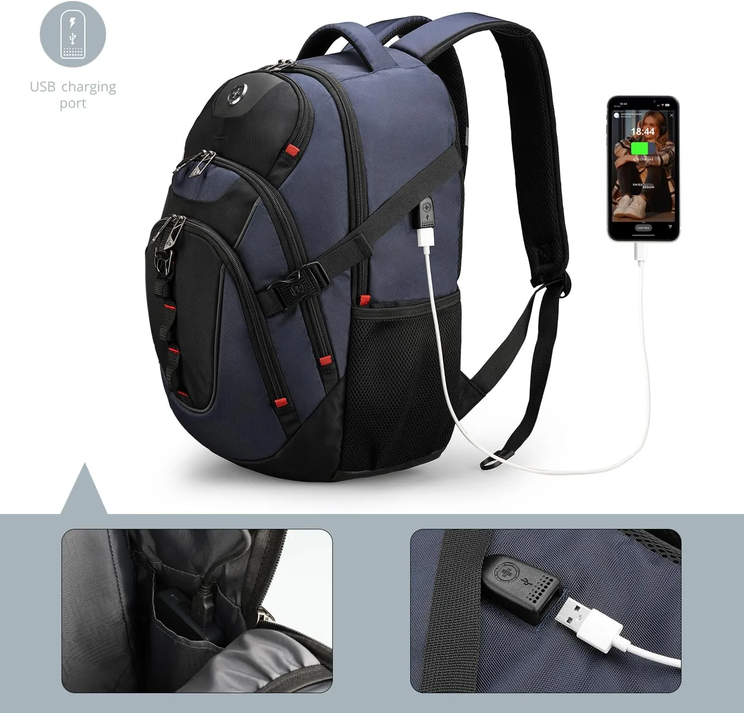 Swissdigital Travel Backpack for Men with Apple Find My, Laptop Backpack with USB Charging Port, RFID Protection, Add-A-Bag System - Extra Large Travel Backpack for Men Women