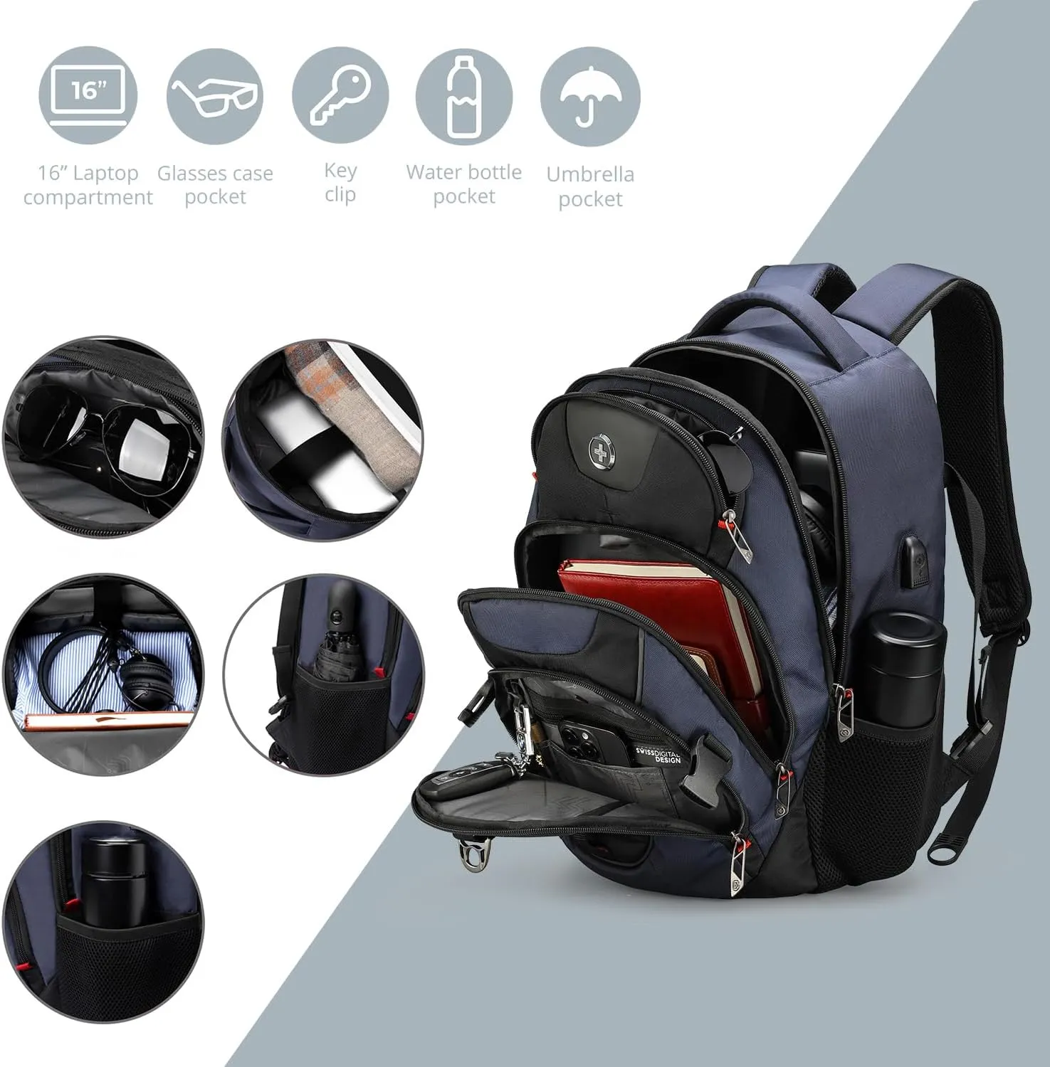 Swissdigital Travel Backpack for Men with Apple Find My, Laptop Backpack with USB Charging Port, RFID Protection, Add-A-Bag System - Extra Large Travel Backpack for Men Women