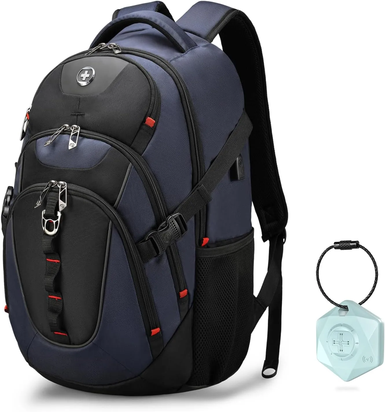 Swissdigital Travel Backpack for Men with Apple Find My, Laptop Backpack with USB Charging Port, RFID Protection, Add-A-Bag System - Extra Large Travel Backpack for Men Women