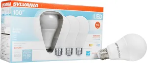 Sylvania A19 LED Light Bulb, 100W = 16W, Dimmable, Medium Base, Frosted Finish, 1600 Lumens, 3500K, Bright White - 4 Pack (40738)