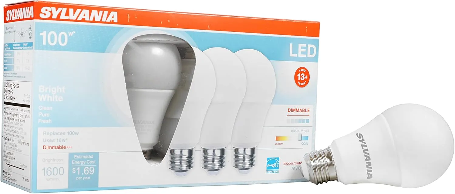Sylvania A19 LED Light Bulb, 100W = 16W, Dimmable, Medium Base, Frosted Finish, 1600 Lumens, 3500K, Bright White - 4 Pack (40738)