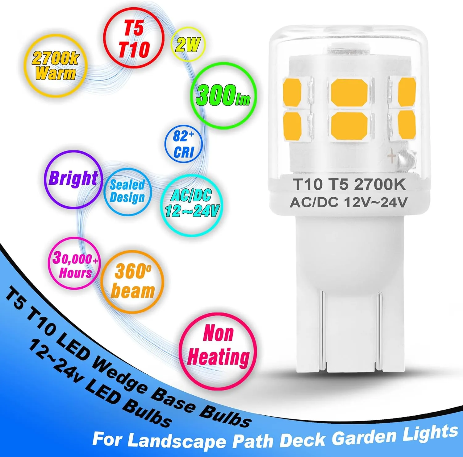 T5 T10 194 921 Wedge Base LED Light Bulbs 3 Watts Equivalent 25W 30W Incandecent Bulbs 2700K Warm White 300lm AC/DC 12-24V for Landscape Stair Step Pathway RV Camper Trailer Lighting, 12 Pack