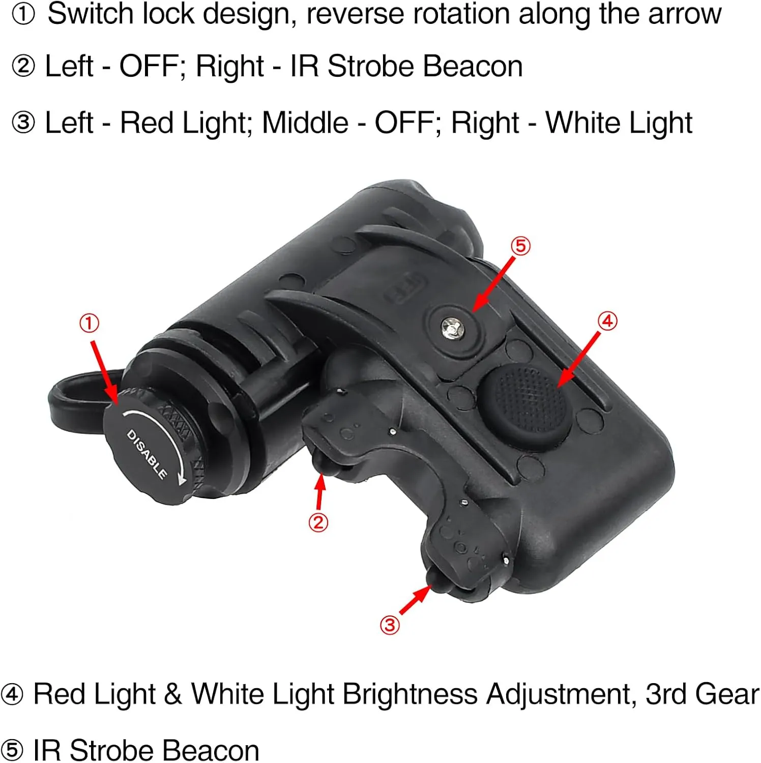 Tactical Helmet Light with Red Light   White Task Lamp   IR Strobe Beacon, 5 LED Beads Survival Signal Light with Helmet Light Mount for ARC/MICH Helmet/Guide Rail/Hat