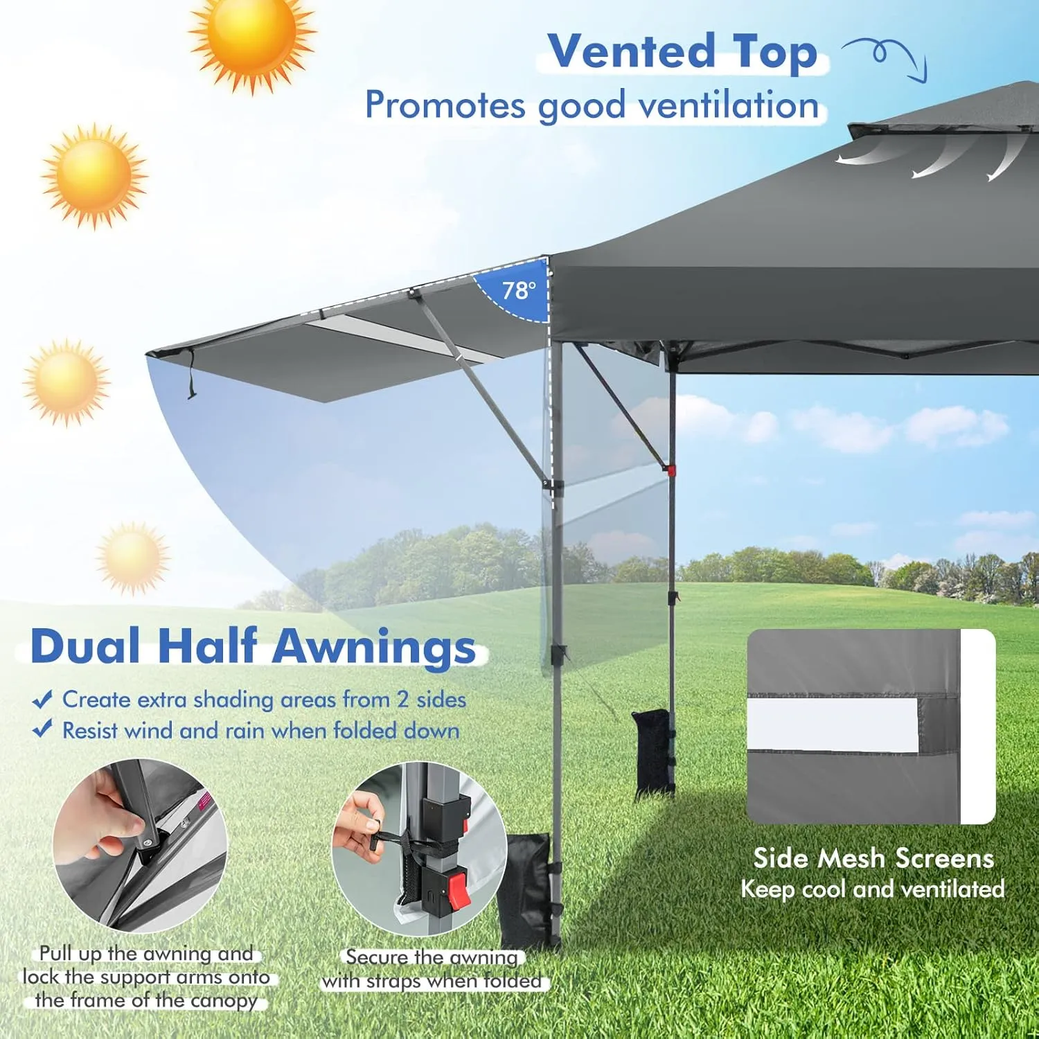 Tangkula 10x17.6 Ft Pop Up Canopy with Adjustable Dual Awnings, 2 Tier Outdoor Canopy Tent with 8 Stakes, 4 Ropes, 4 Sand Bags, Wheeled Bag, Easy Setup Instant Tent for Patio, Market, Picnic