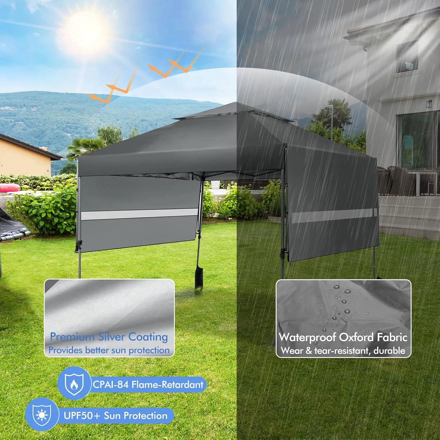 Tangkula 10x17.6 Ft Pop Up Canopy with Adjustable Dual Awnings, 2 Tier Outdoor Canopy Tent with 8 Stakes, 4 Ropes, 4 Sand Bags, Wheeled Bag, Easy Setup Instant Tent for Patio, Market, Picnic