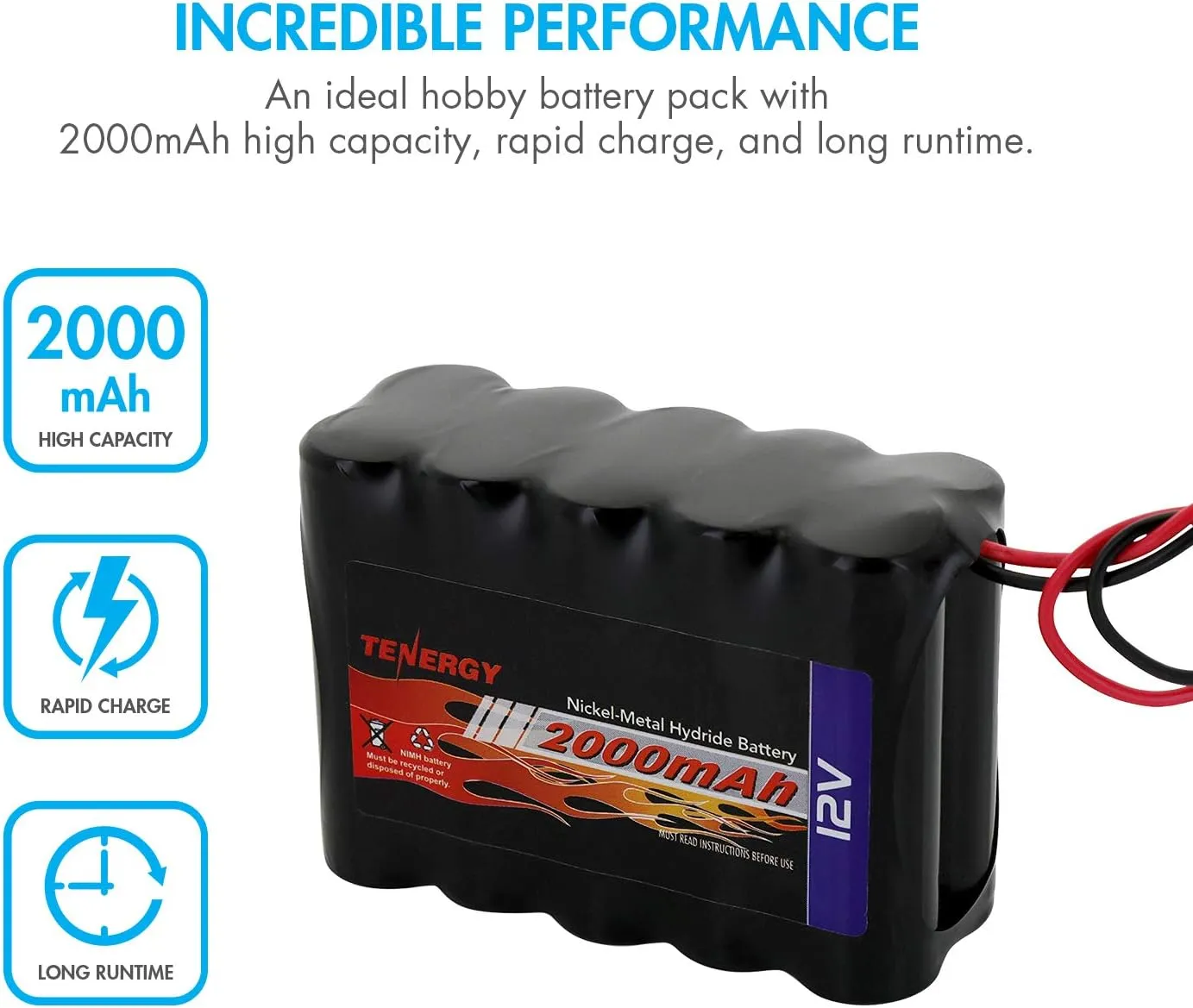 Tenergy NiMH Battery Pack 12V 2000mAh High Capacity Rechargeable Battery w/Bare Leads Replacement Battery Pack for DIY, Medical Equipments, LED Light Kit, RC Models, Portable 12V DC Devices and More