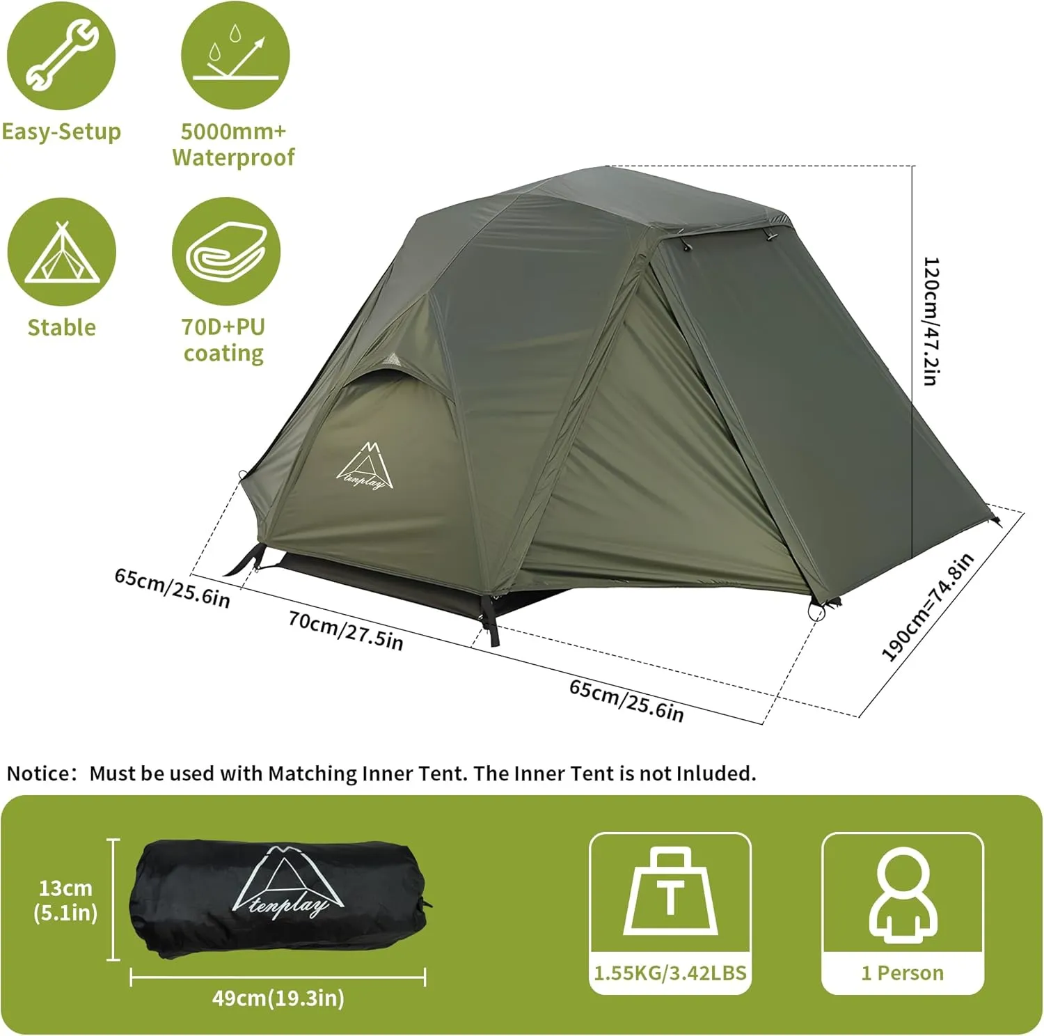 TENPLAY 1-Person Cot Tent Flysheet,Must be Used with Matching Inner Tent, Lightweight,Waterproof, Sun Protection,Nylon, Easy Setup,Expandable Rainfly for Camping, Hiking, Backpacking, Picnics
