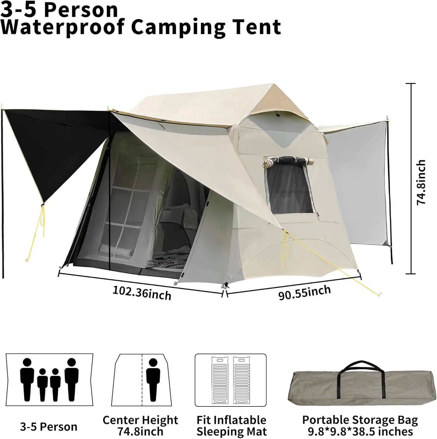 Tent for Camping, 3-6 Person Family Tents with Spacious Interior, Waterproof Tent with Carry Bag for Family Camping Traveling Hiking Picnic