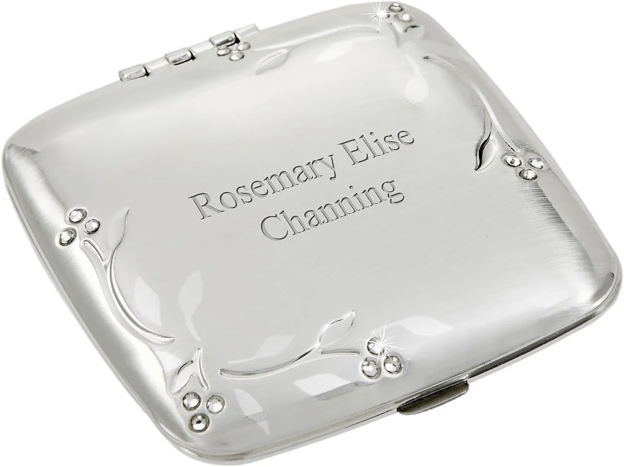 THINGS REMEMBERED Engraved Silver Leaves and Vines Compact Makeup Mirror (Free Customization)