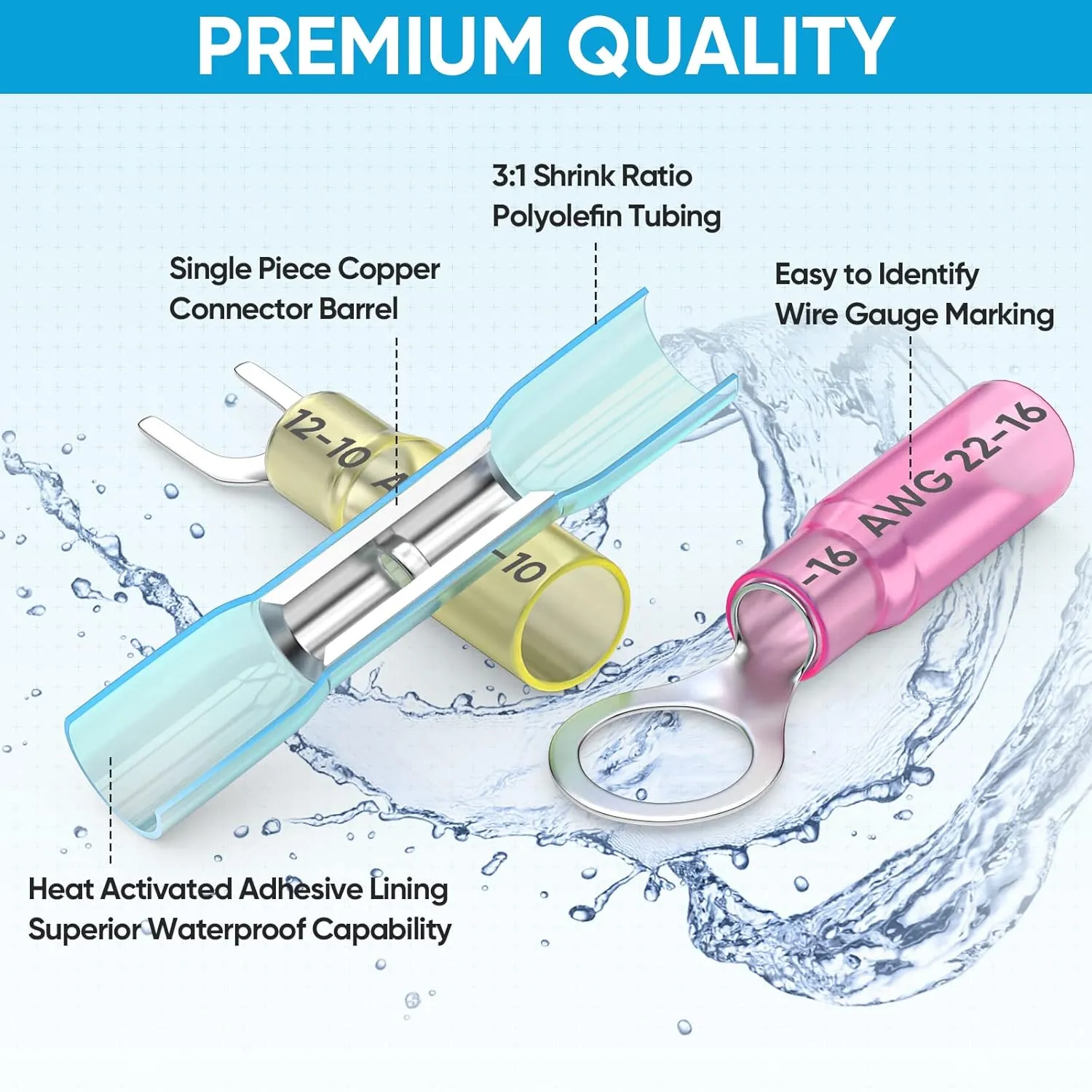 TICONN 400Pcs Heat Shrink Wire Connectors, Waterproof Automotive Marine Electrical Terminals Kit, Crimp Connector Assortment, Ring Fork Spade Butt Splices