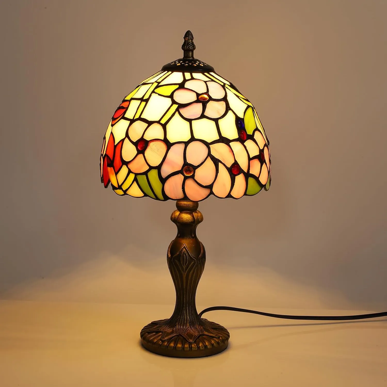 Tiffany Small Table Lamp 3 Color Temperatures Plum Blossom Flower Stained Glass Table Lamps for Living Room Bedroom Bedside Nightstand Home Office Desk Light W/LED Bulb 8X8X15Inch