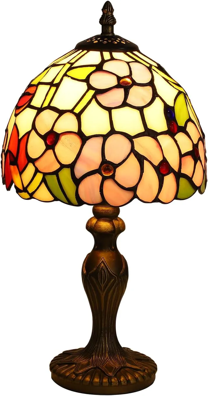 Tiffany Small Table Lamp 3 Color Temperatures Plum Blossom Flower Stained Glass Table Lamps for Living Room Bedroom Bedside Nightstand Home Office Desk Light W/LED Bulb 8X8X15Inch