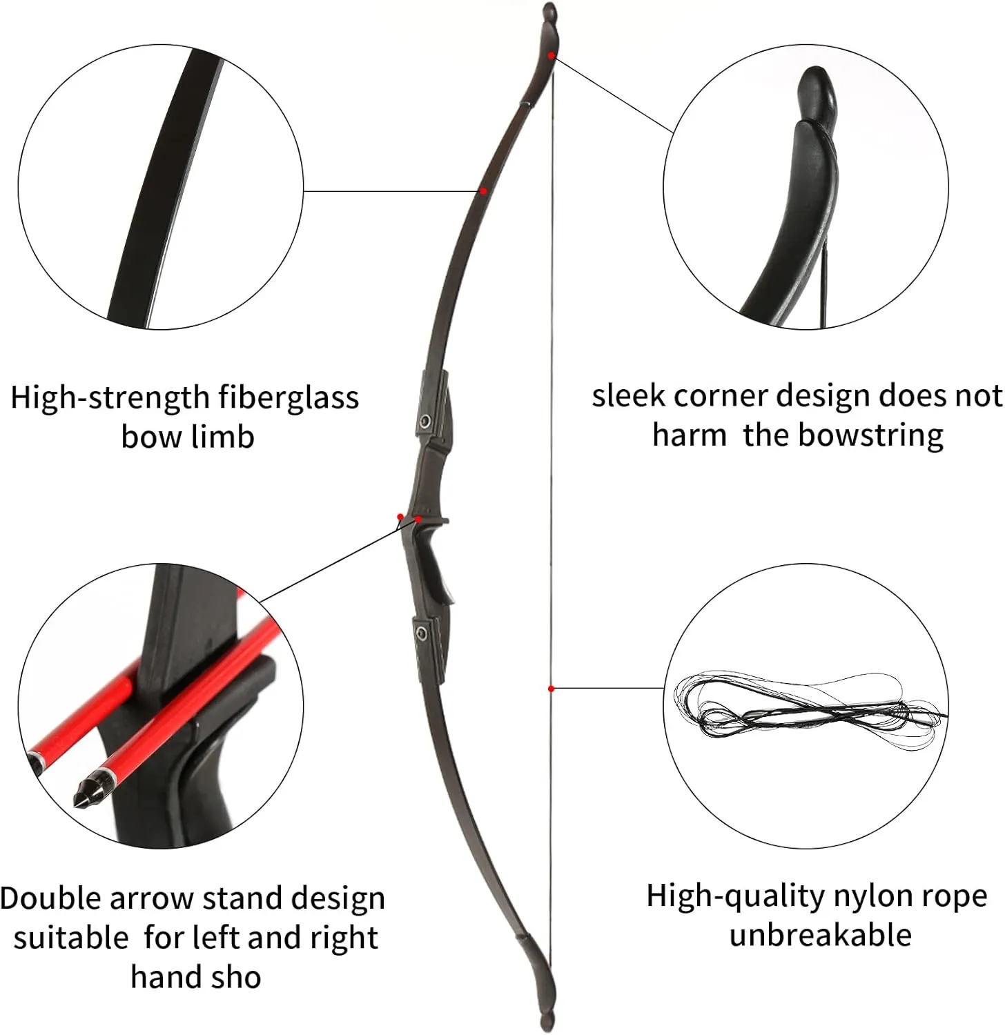 TOPARCHERY Archery 57" Takedown Youth Recurve Bow Hunting Black Long Bow for Beginner Teenagers Right Left Hand Black - Draw Weight 20lbs 30lbs 40lbs
