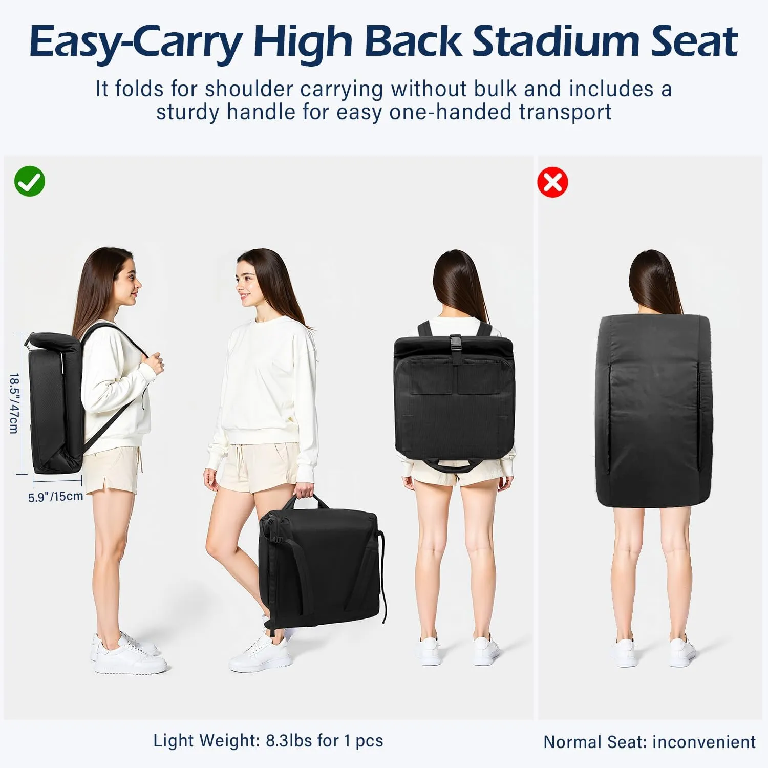TOPSKY Stadium Seat with High Back Support, 26.2”Height, 19.1”Width (Seat 17.7”), Wide Bleacher Seats with 2 Hook, Picnic Seat，XY-CR-693-W43H(1PCS Black)