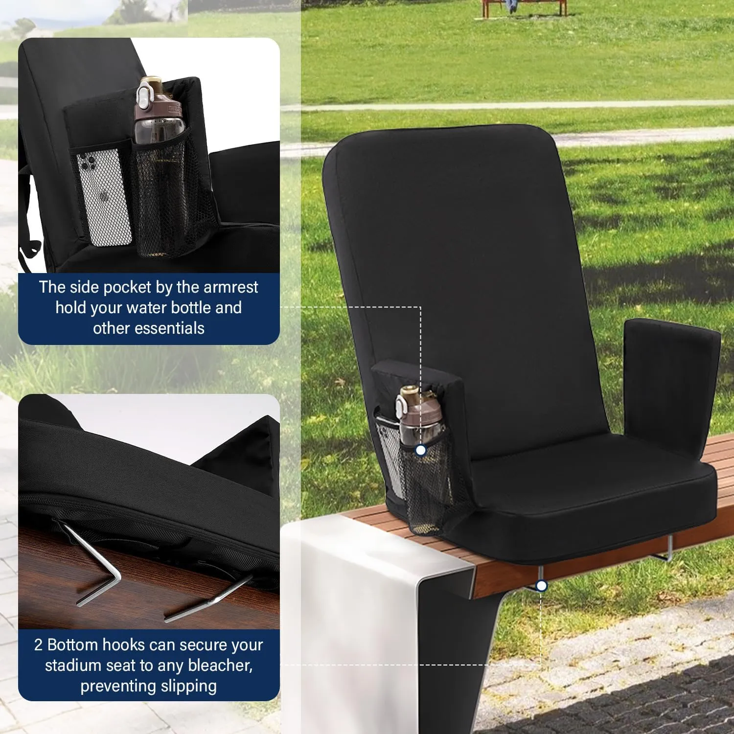 TOPSKY Stadium Seat with High Back Support, 26.2”Height, 19.1”Width (Seat 17.7”), Wide Bleacher Seats with 2 Hook, Picnic Seat，XY-CR-693-W43H(1PCS Black)