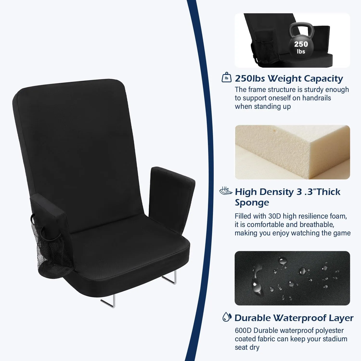 TOPSKY Stadium Seat with High Back Support, 26.2”Height, 19.1”Width (Seat 17.7”), Wide Bleacher Seats with 2 Hook, Picnic Seat，XY-CR-693-W43H(1PCS Black)