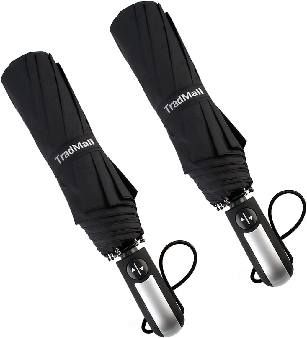 TradMall 2 Pack Travel Umbrella Windproof 46/56 Inches Large Canopy Reinforced Fiberglass Ribs Auto Open & Close