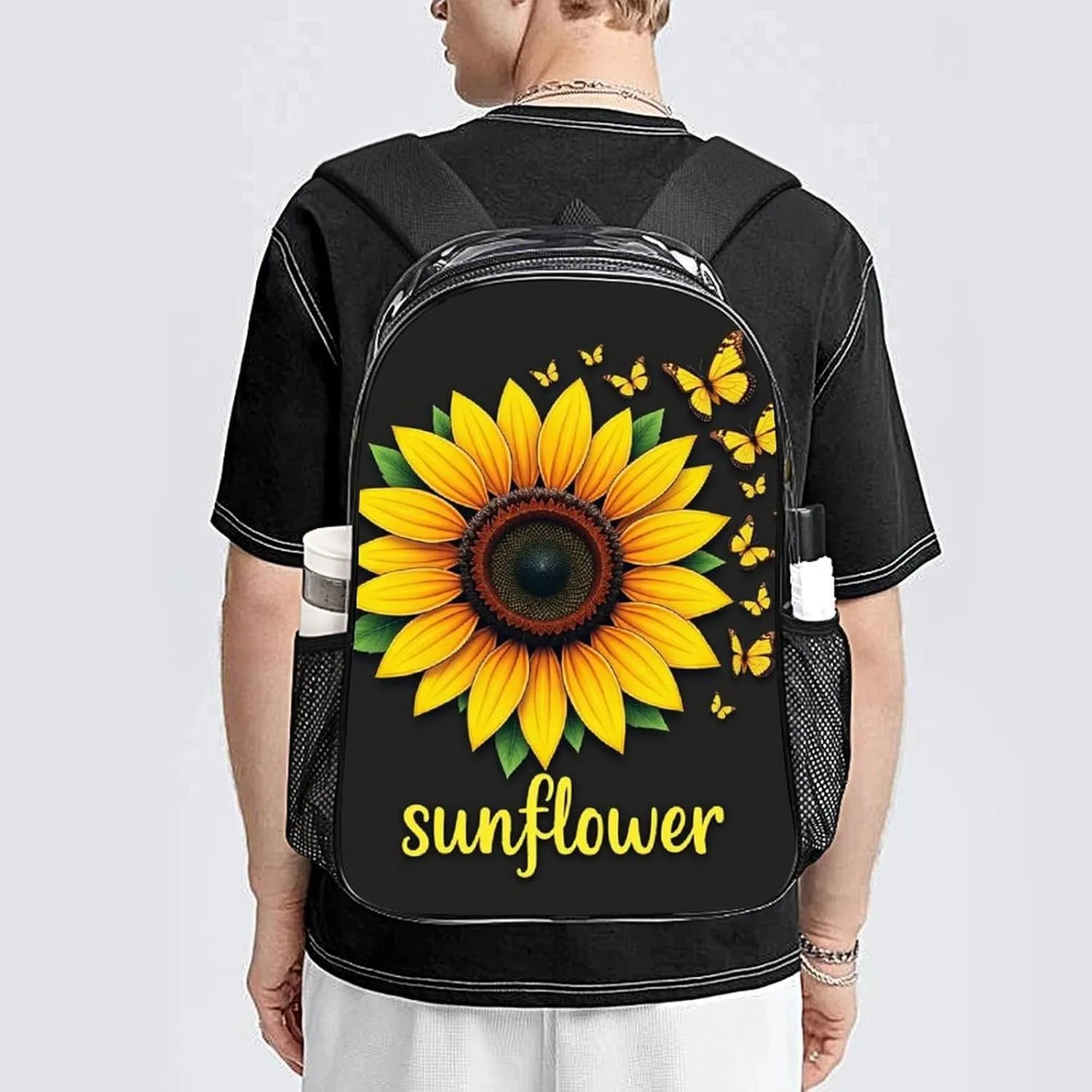 Transparent Daypack Backpack for Sports Travel Running - Big Capacity Anti-Theft Multipurpose Carry On Bag, Butterfly Sunflower Laptop Book Bag Rucksack