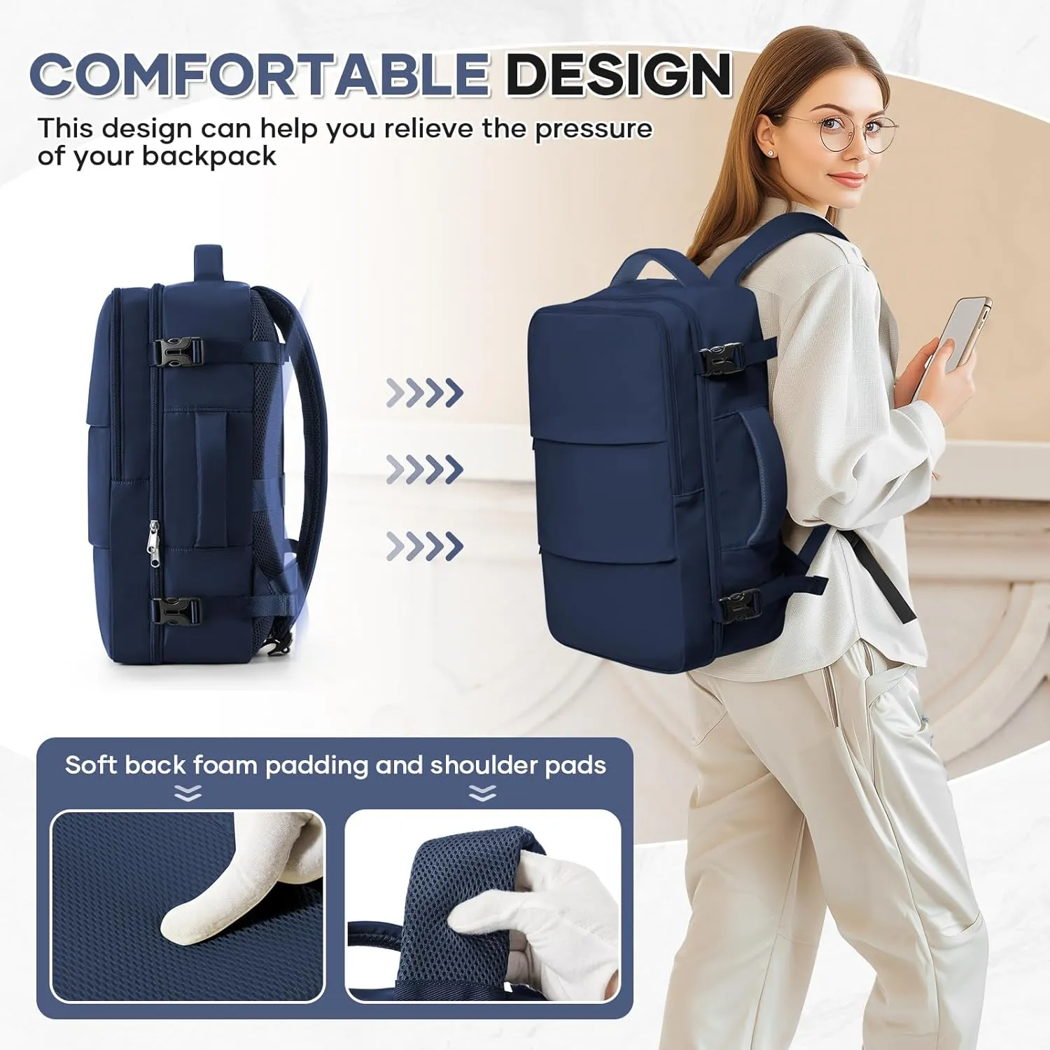Travel Backpack For Women Men Carry on Backpack Luggage Flight Approved Personal item Travel Bag Essentials Mochila de viaje Laptop College Backpack Navy Blue