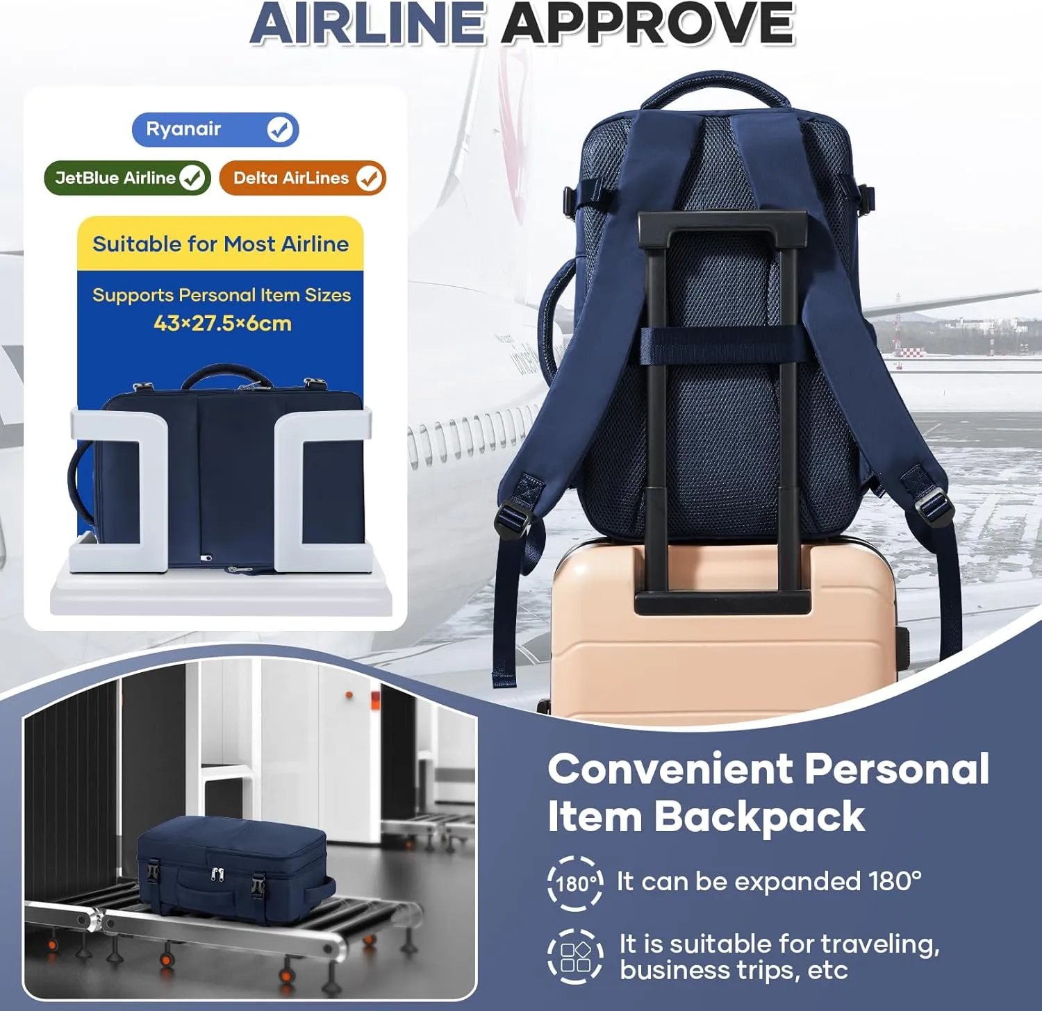 Travel Backpack For Women Men Carry on Backpack Luggage Flight Approved Personal item Travel Bag Essentials Mochila de viaje Laptop College Backpack Navy Blue