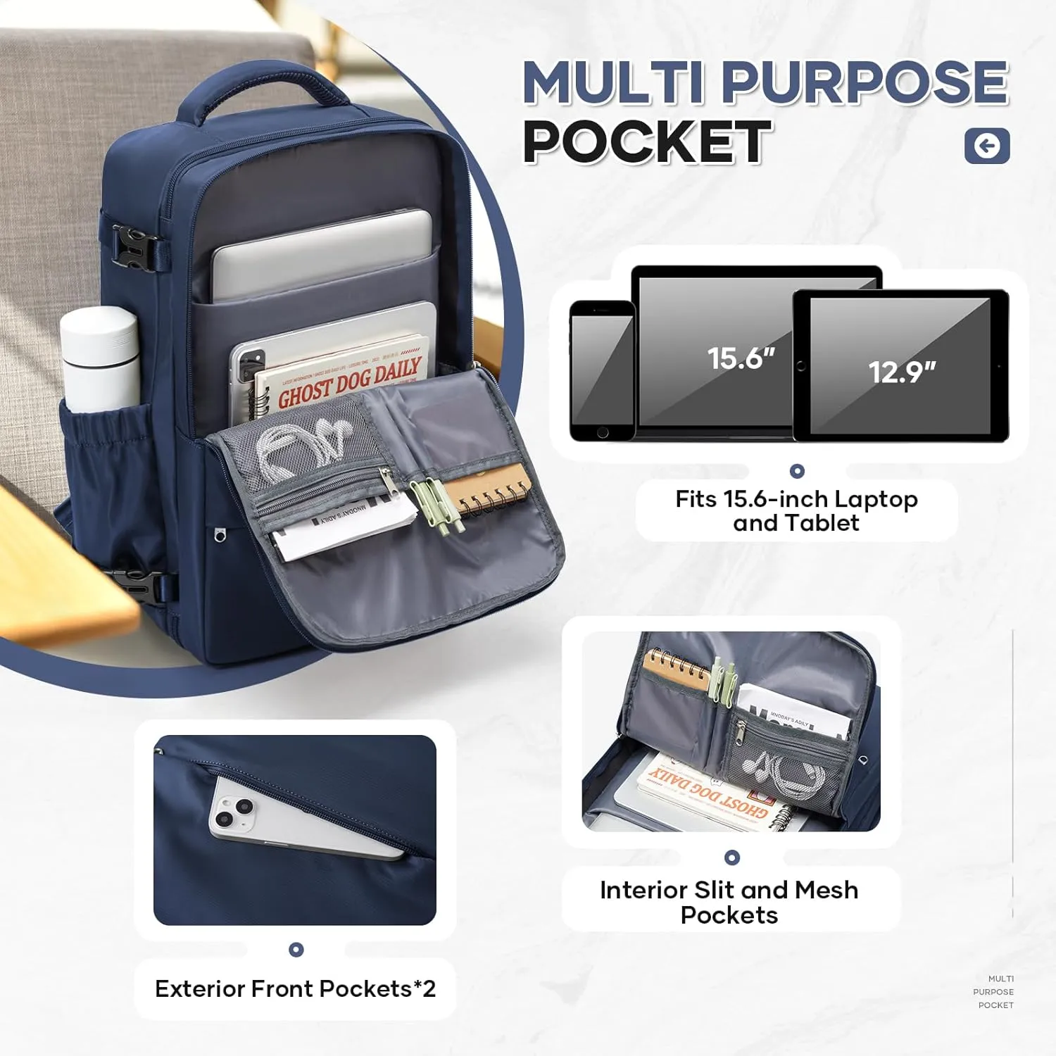 Travel Backpack For Women Men Carry on Backpack Luggage Flight Approved Personal item Travel Bag Essentials Mochila de viaje Laptop College Backpack Navy Blue