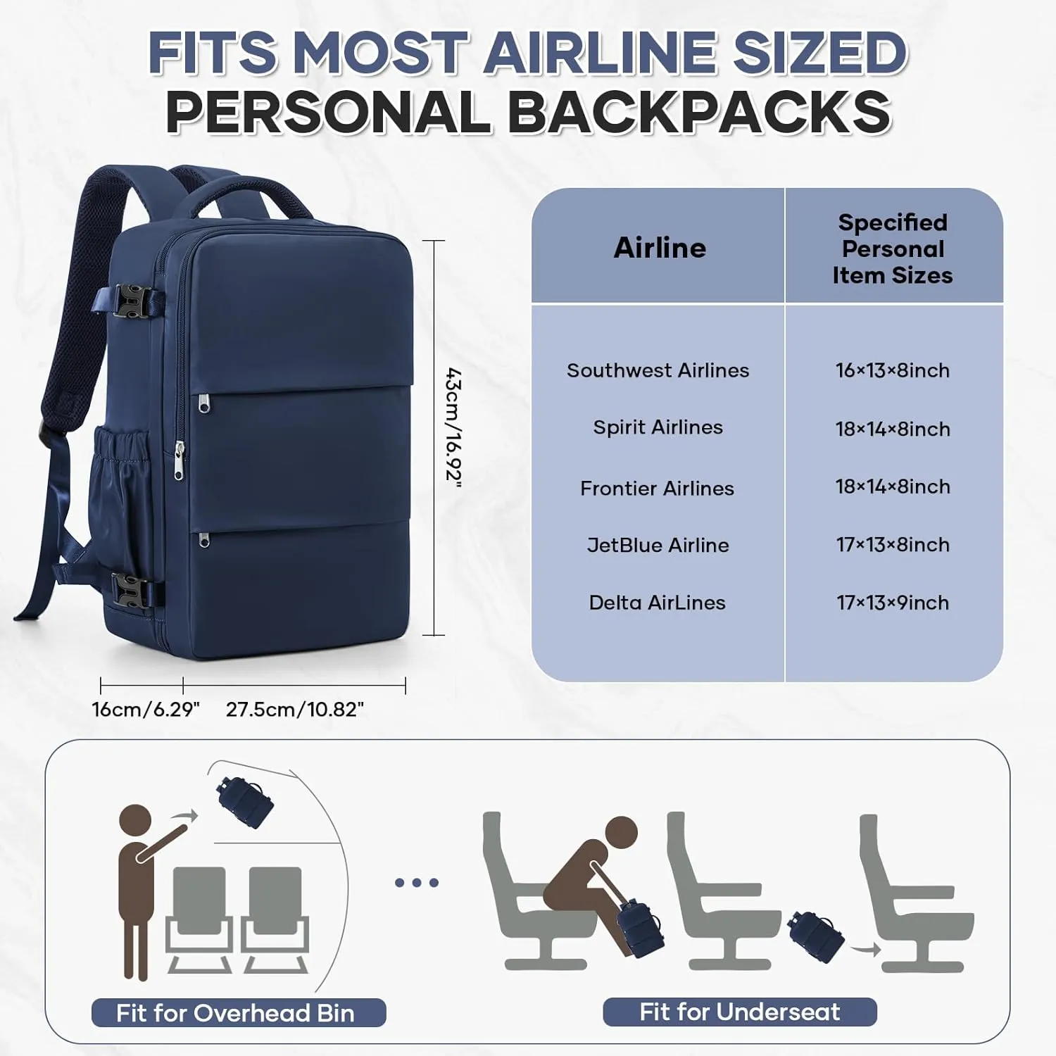 Travel Backpack For Women Men Carry on Backpack Luggage Flight Approved Personal item Travel Bag Essentials Mochila de viaje Laptop College Backpack Navy Blue