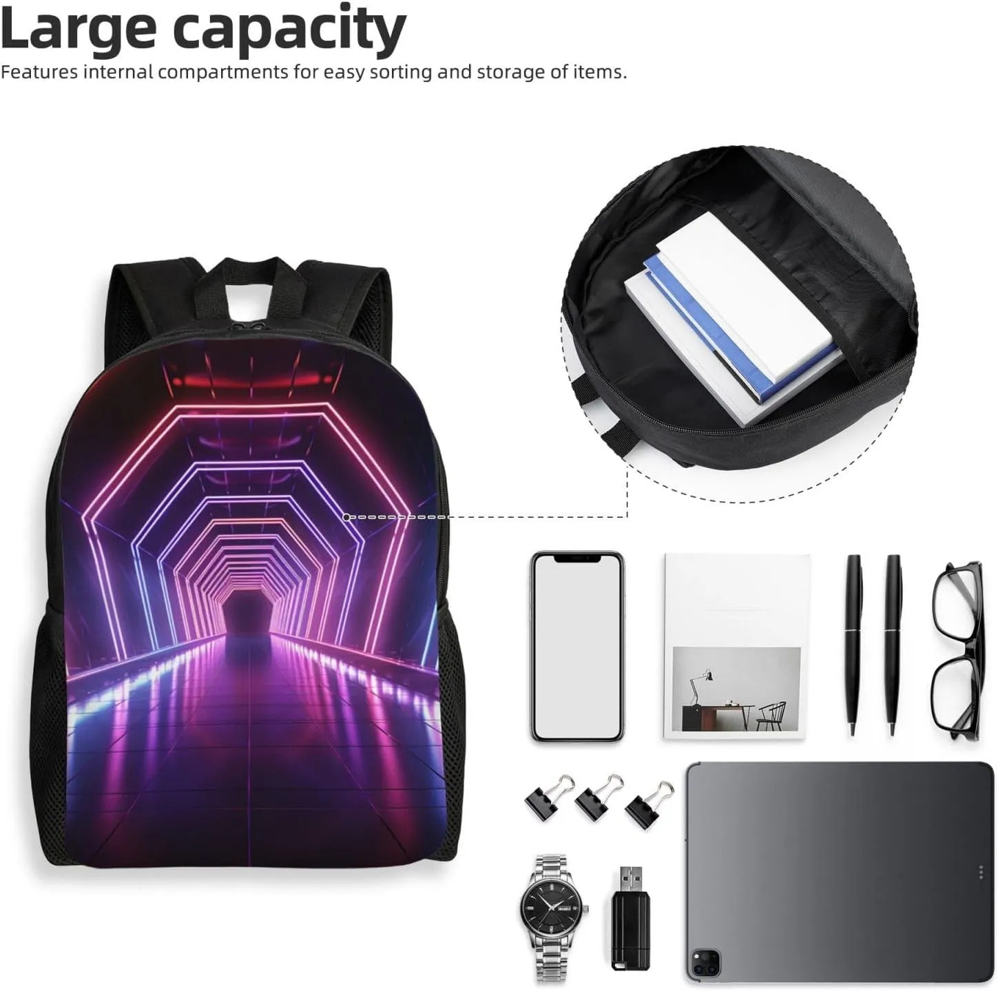 Travel Backpack Neon Lights Tunnel Carry on Backpack Lightweight Business 16inches Laptop Backpack for Men Women