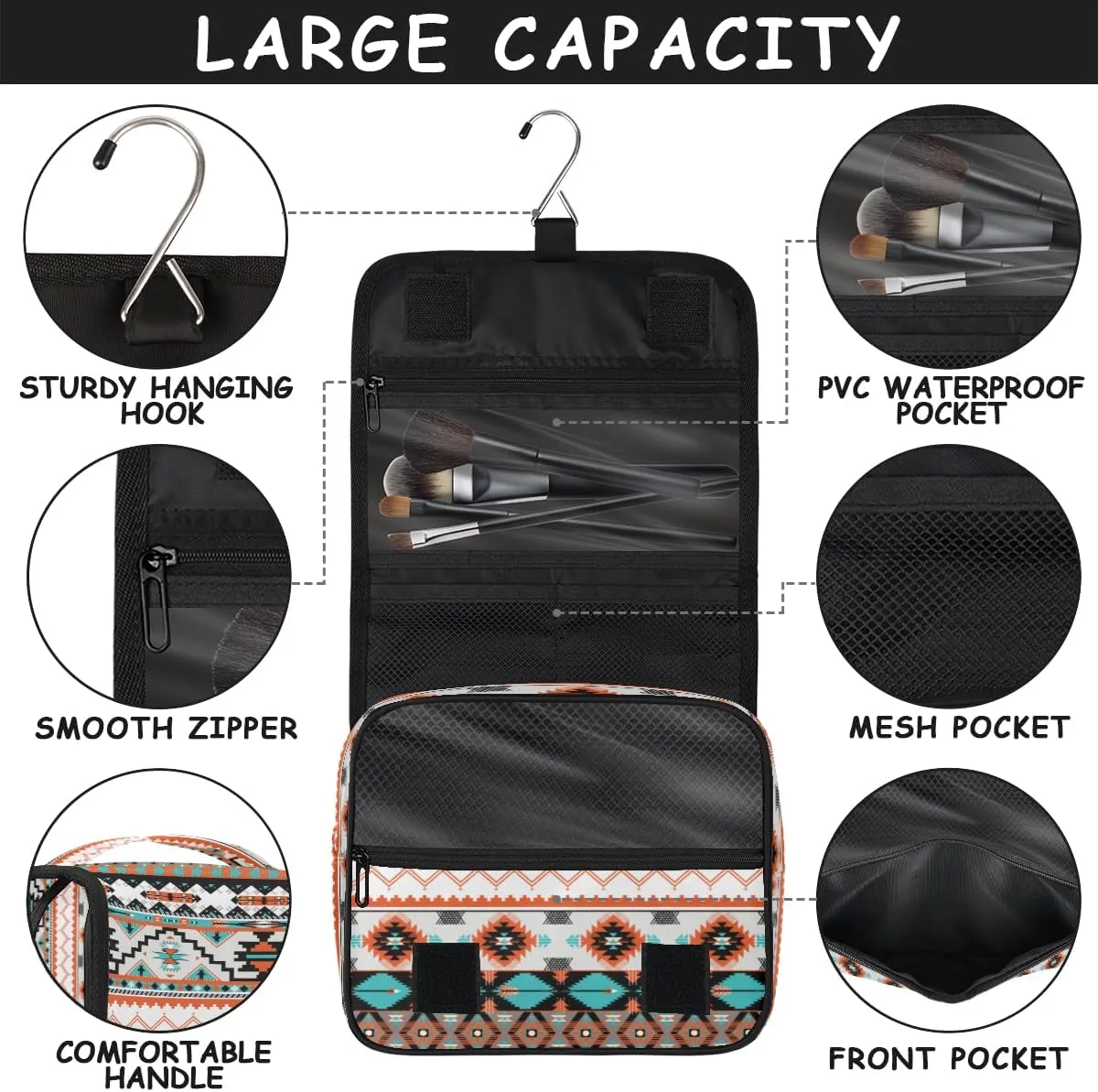 Travel Hanging Toiletry Bag for Women Men Tribe Ethnic Aztec Geometric Cosmetic Bag Waterproof Makeup Organizer for Accessories, Shampoo, Full Sized Container, Toiletries for Bathroom Shower