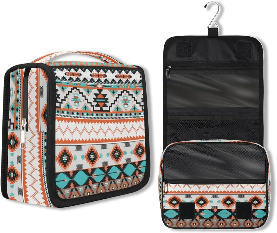 Travel Hanging Toiletry Bag for Women Men Tribe Ethnic Aztec Geometric Cosmetic Bag Waterproof Makeup Organizer for Accessories, Shampoo, Full Sized Container, Toiletries for Bathroom Shower