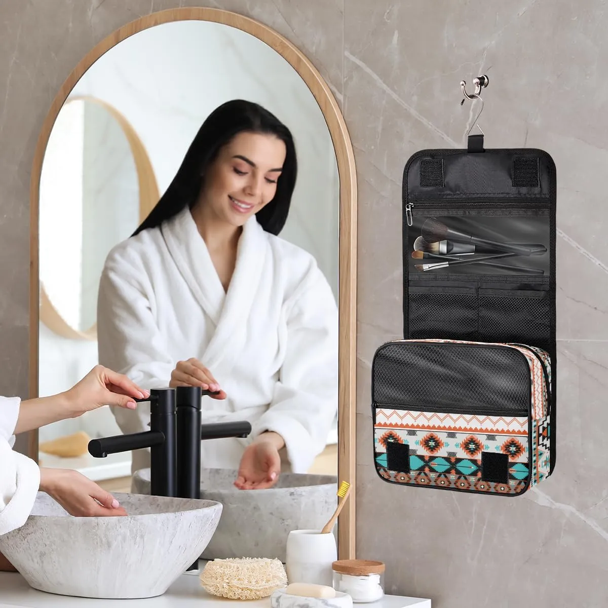 Travel Hanging Toiletry Bag for Women Men Tribe Ethnic Aztec Geometric Cosmetic Bag Waterproof Makeup Organizer for Accessories, Shampoo, Full Sized Container, Toiletries for Bathroom Shower