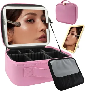 Travel Makeup Bag with LED Lighted Mirror, Travel Makeup Organizer,3 Color Setting Cosmetic Makeup Box, Adjustable Dividers and Brush Holder（Dark Pink）