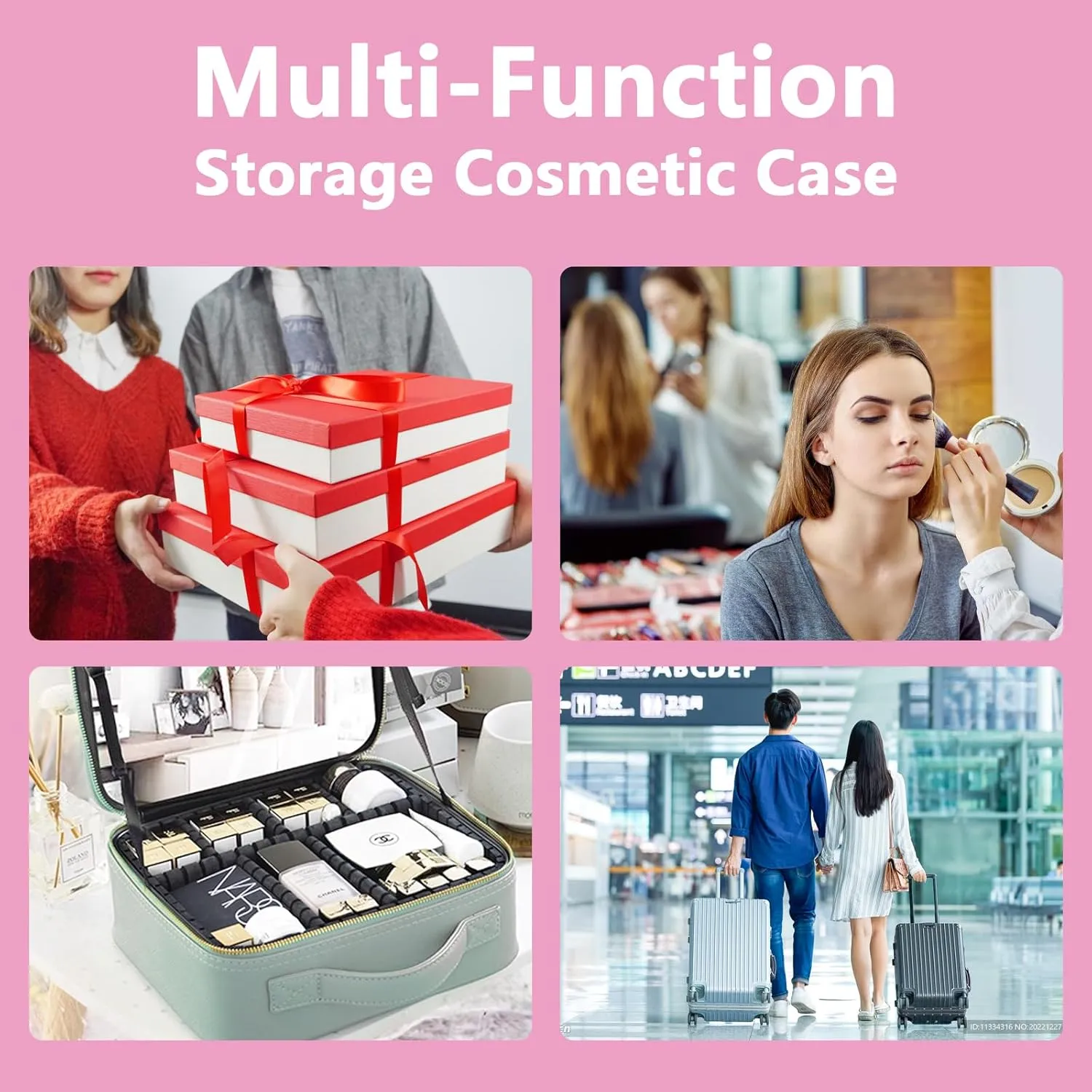 Travel Makeup Bag with LED Lighted Mirror, Travel Makeup Organizer,3 Color Setting Cosmetic Makeup Box, Adjustable Dividers and Brush Holder（Dark Pink）