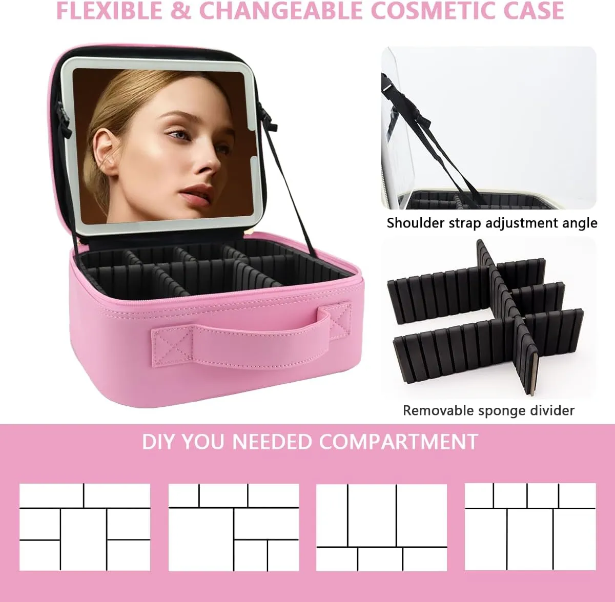 Travel Makeup Bag with LED Lighted Mirror, Travel Makeup Organizer,3 Color Setting Cosmetic Makeup Box, Adjustable Dividers and Brush Holder（Dark Pink）