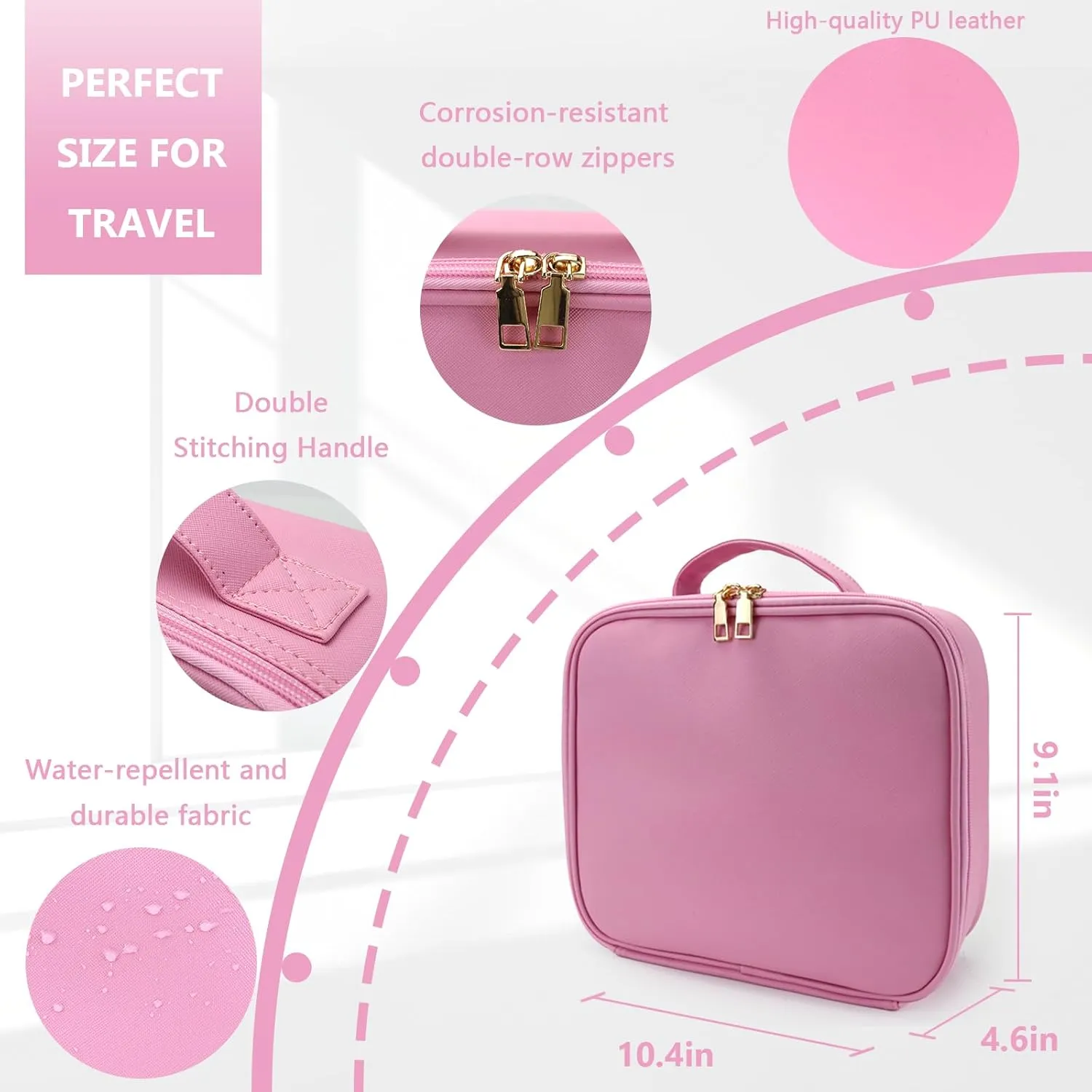 Travel Makeup Bag with LED Lighted Mirror, Travel Makeup Organizer,3 Color Setting Cosmetic Makeup Box, Adjustable Dividers and Brush Holder（Dark Pink）
