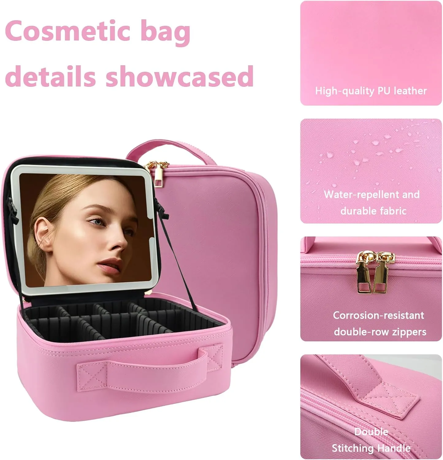 Travel Makeup Bag with LED Lighted Mirror, Travel Makeup Organizer,3 Color Setting Cosmetic Makeup Box, Adjustable Dividers and Brush Holder（Dark Pink）