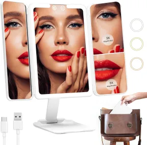 Travel Makeup Mirror with Lights, 1x/3x/5x Trifold Lighted Makeup Mirror with Magnification, Vanity Mirror with Lights, LED Portable Mirror for Desk with 3 Color Lights and Touch Sensor Design