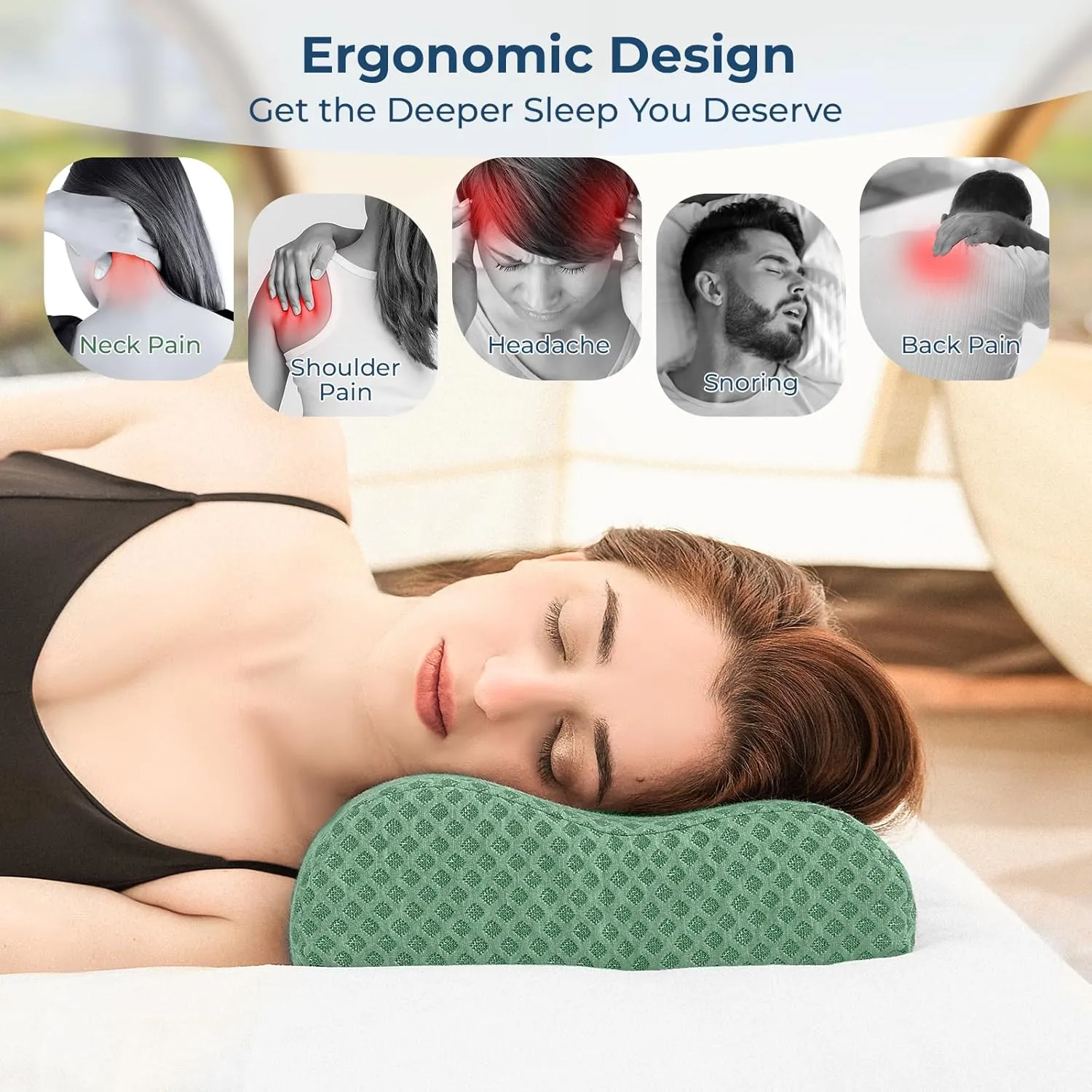 Travel Pillow Memory Foam Pillows, Ergonomic Wave Cervical Neck Pillow for Neck Pain Relief, Compressible Medium Firm Side Sleeper Pillow, Ideal for Camping, Office, Home & Bed (Green, S)