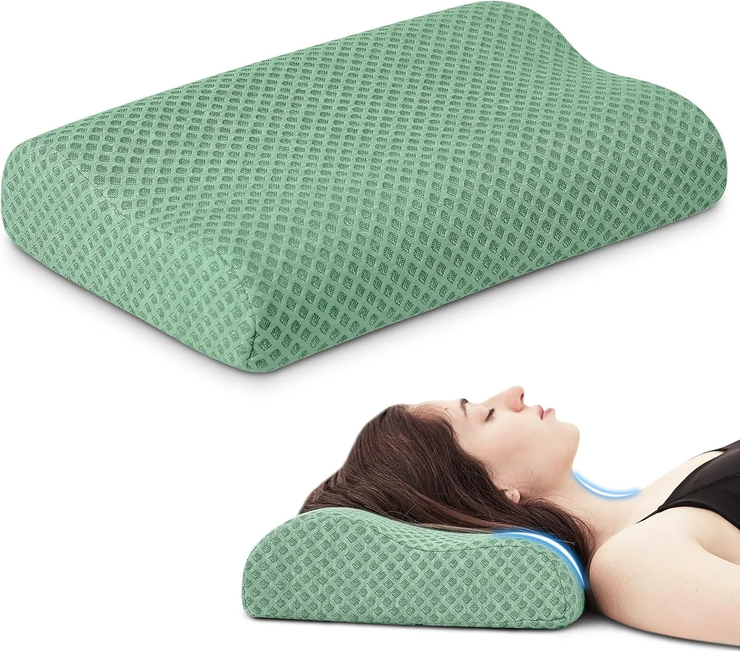 Travel Pillow Memory Foam Pillows, Ergonomic Wave Cervical Neck Pillow for Neck Pain Relief, Compressible Medium Firm Side Sleeper Pillow, Ideal for Camping, Office, Home & Bed (Green, S)